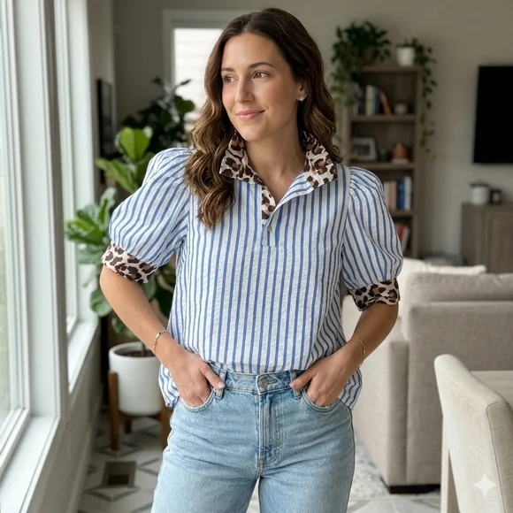 Entro Blue Striped Leopard Trim Puff Sleeve Seersucker Top - Picture 4 of 14